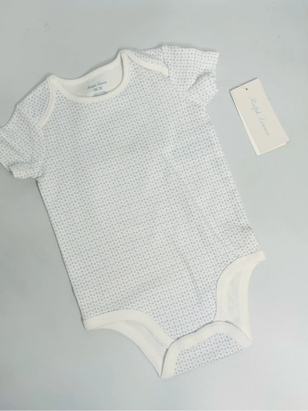 Ralph Lauren White Bodysuit with Light Blue Micro Dot Pattern